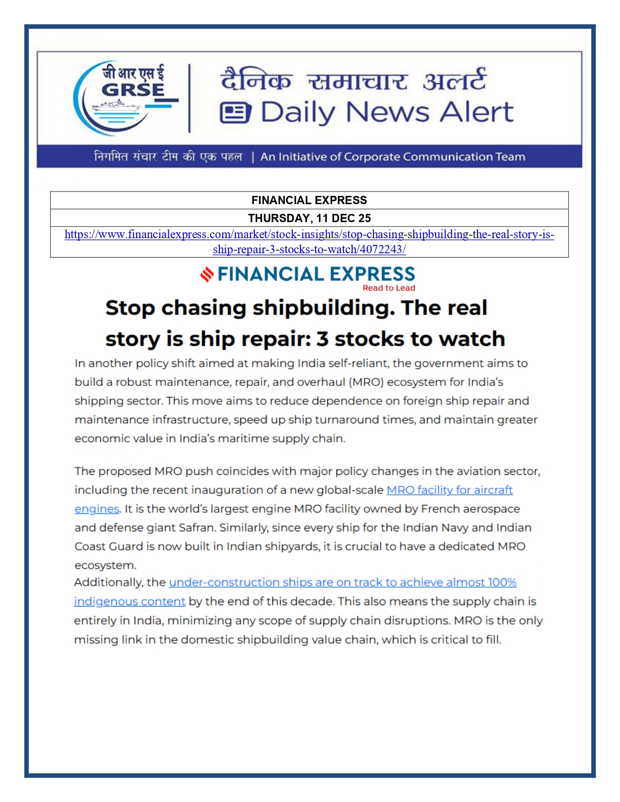   Press Coverage: 11 DEC 25: FINANCIAL EXPRESS 